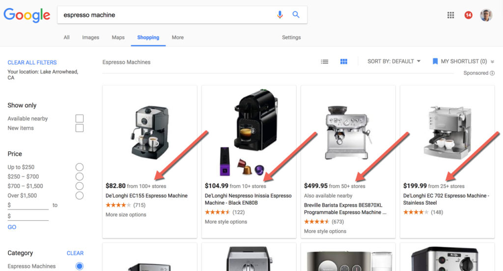 Espresso Machines on Google Shopping